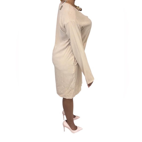 Elegant Cream Silk V-Neck Dress - Picture 2 of 4